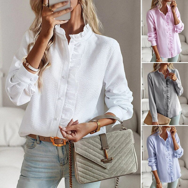 Women's Textured Button-Down Blouse with Ruffle Trim Collar and Placket