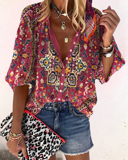 Women's Vintage Floral Print Button-Down Blouse with Flared Sleeves