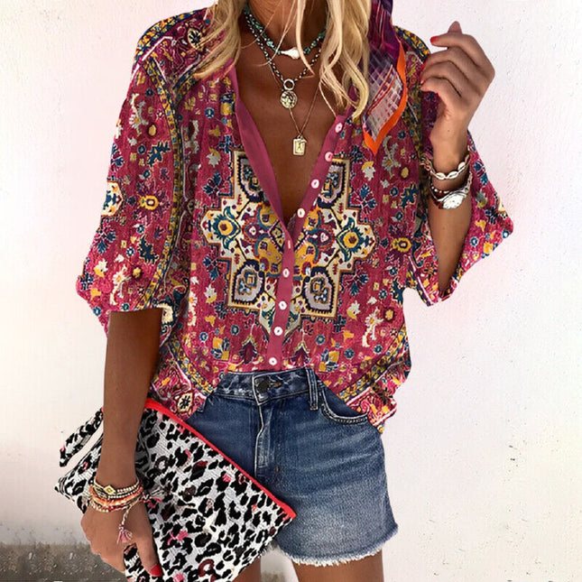 Women's Vintage Floral Print Button-Down Blouse with Flared Sleeves