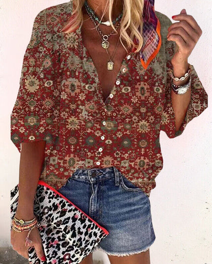 Women's Vintage Floral Print Button-Down Blouse with Flared Sleeves