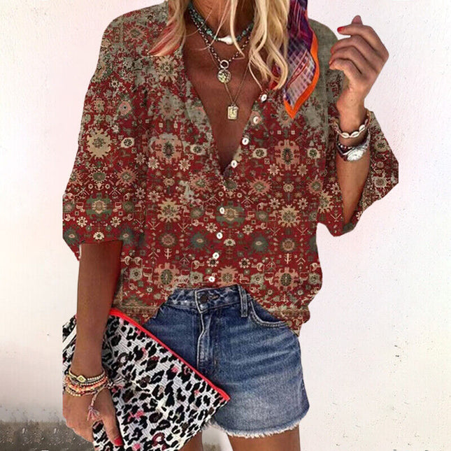 Women's Vintage Floral Print Button-Down Blouse with Flared Sleeves