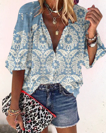 Women's Vintage Floral Print Button-Down Blouse with Flared Sleeves