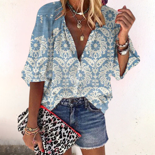 Women's Vintage Floral Print Button-Down Blouse with Flared Sleeves