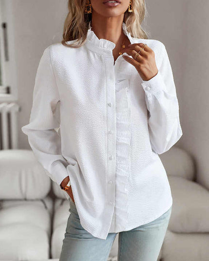 Women's Textured Button-Down Blouse with Ruffle Trim Collar and Placket
