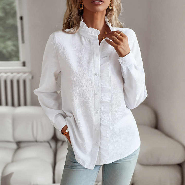 Women's Textured Button-Down Blouse with Ruffle Trim Collar and Placket